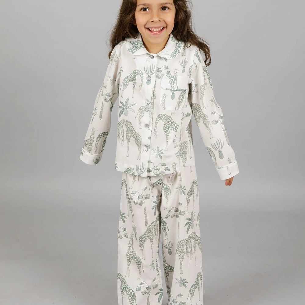 Girls Long Pyjamas - Green Giraffes Woodstock Laundry