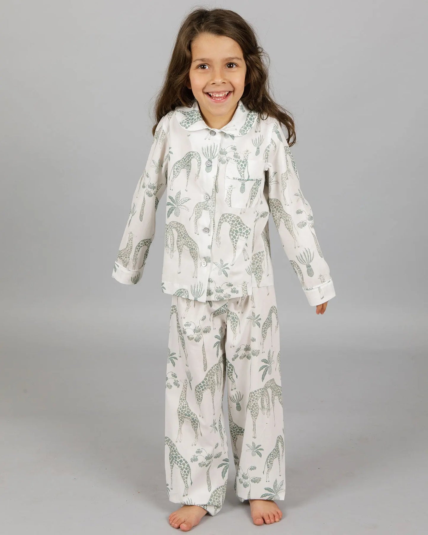 Girls Long Pyjamas - Green Giraffes Woodstock Laundry