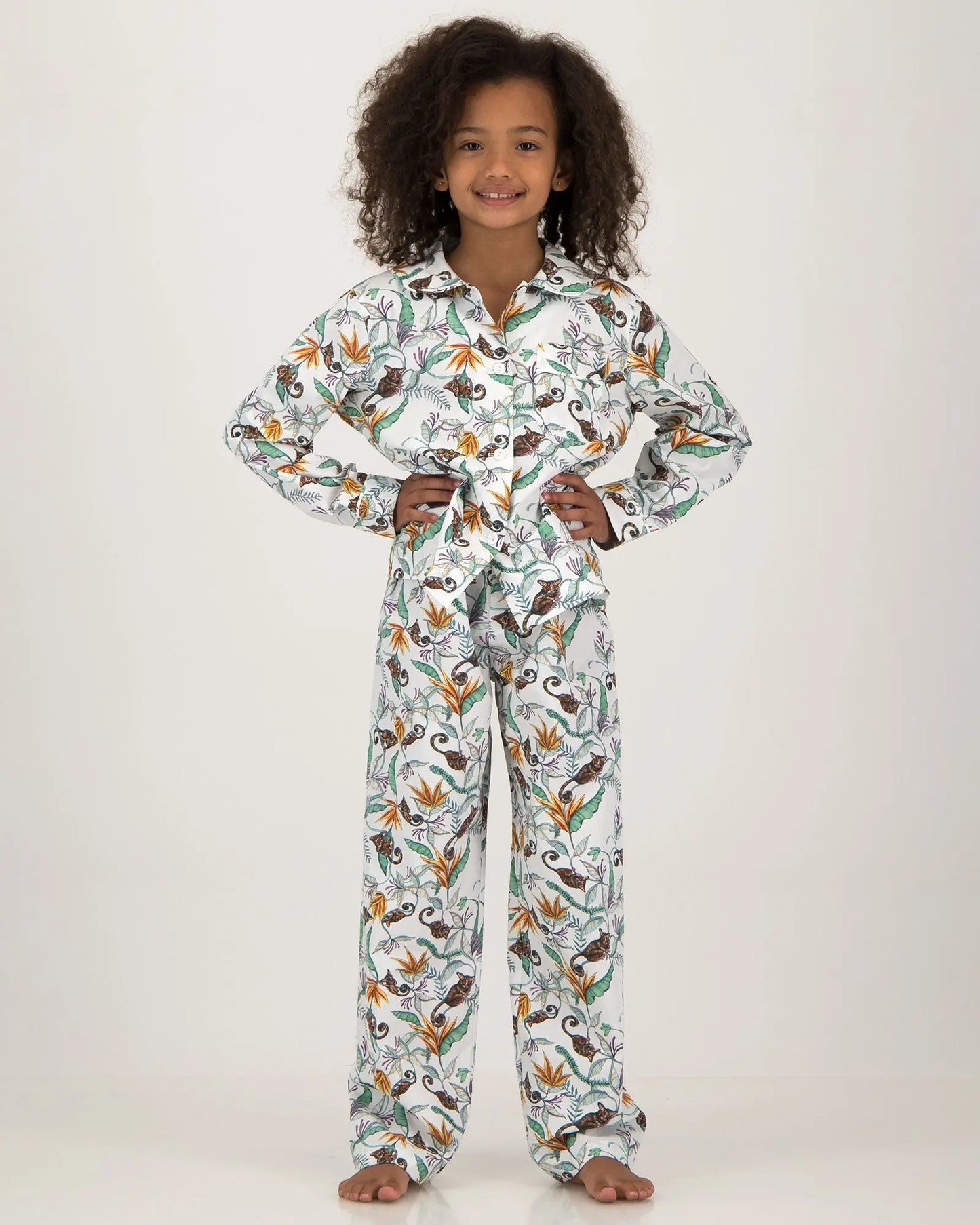 Girls Long Pyjamas - Night Monkeys White Woodstock Laundry
