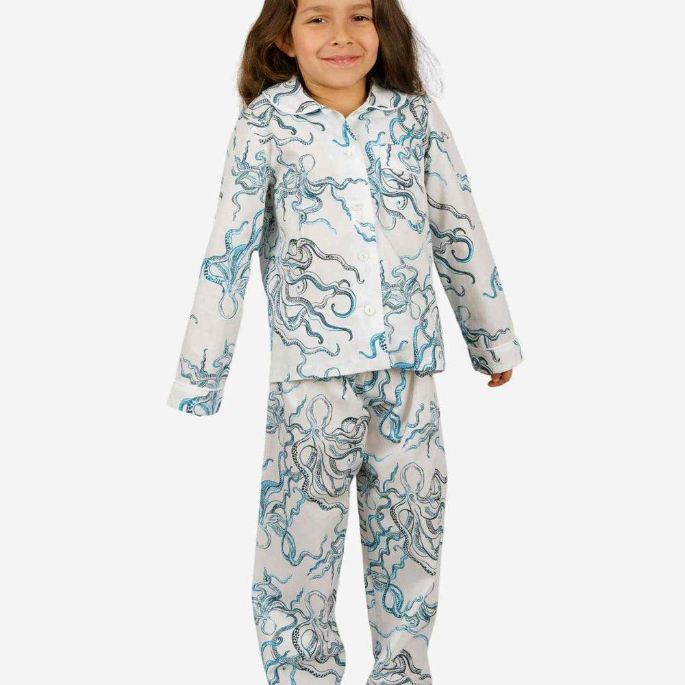 Girls Long Pyjamas - Octopus Indigo Woodstock Laundry