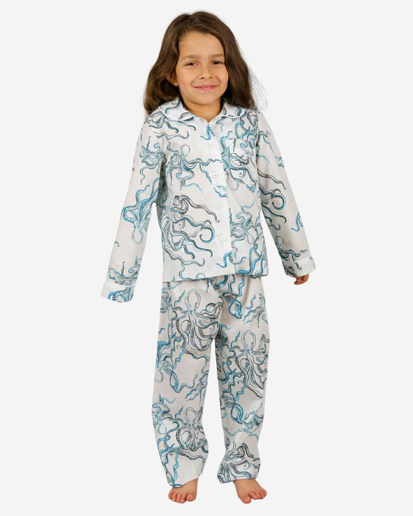 Girls Long Pyjamas - Octopus Indigo Woodstock Laundry