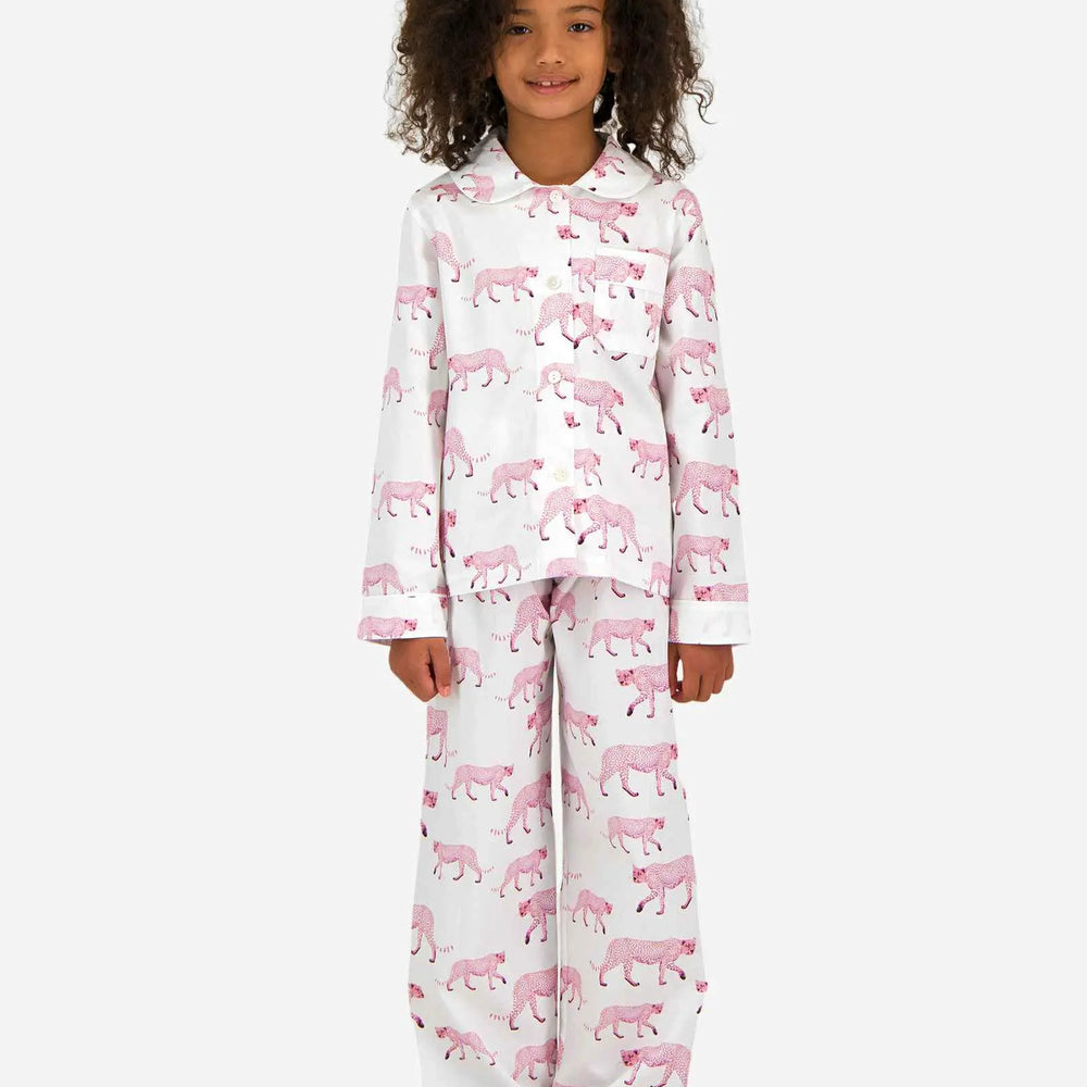 Girls Long Pyjamas - Pink Cheetah Woodstock Laundry