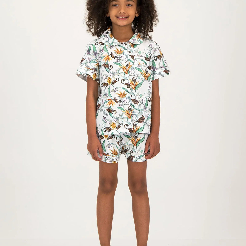 Girls Short Pyjamas - Night Monkeys White Woodstock Laundry