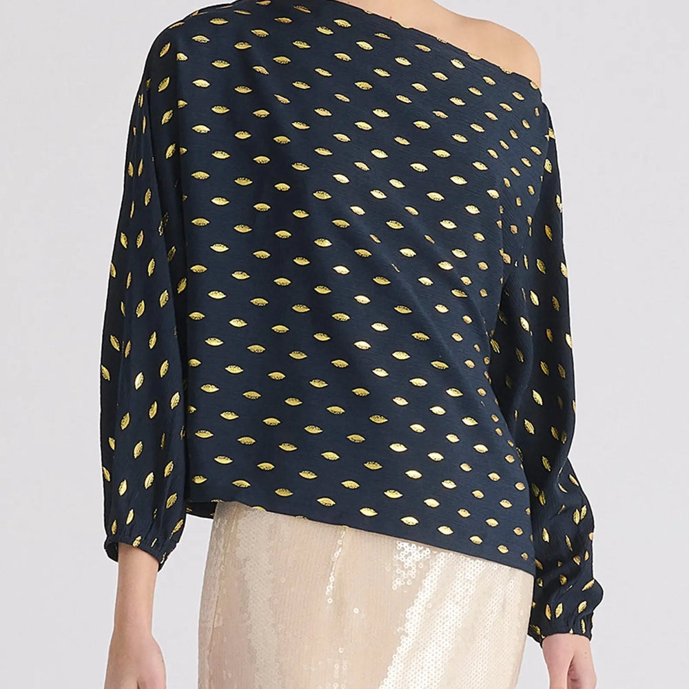 Gold Foil Print Boat Neck Top Paisie