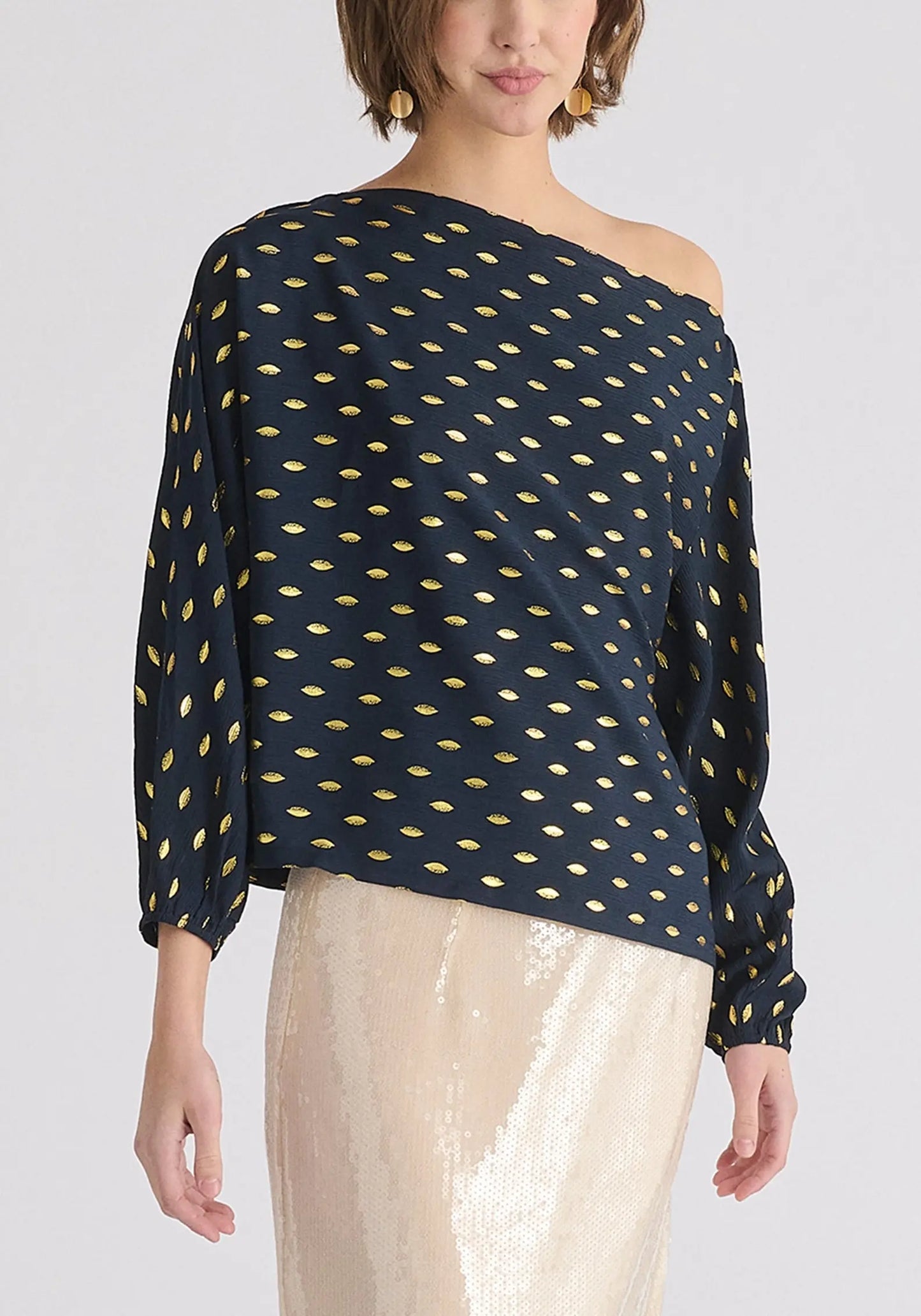 Gold Foil Print Boat Neck Top Paisie