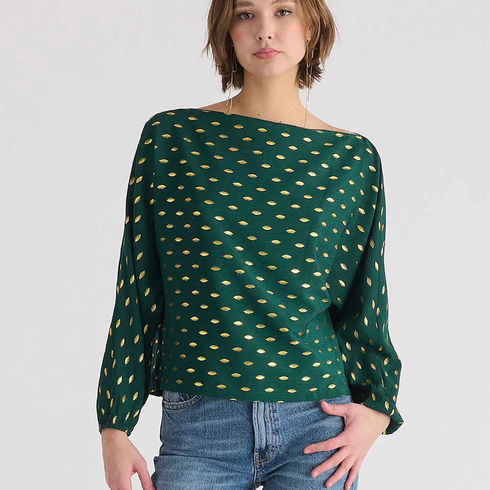 Gold Foil Print Boat Neck Top Paisie