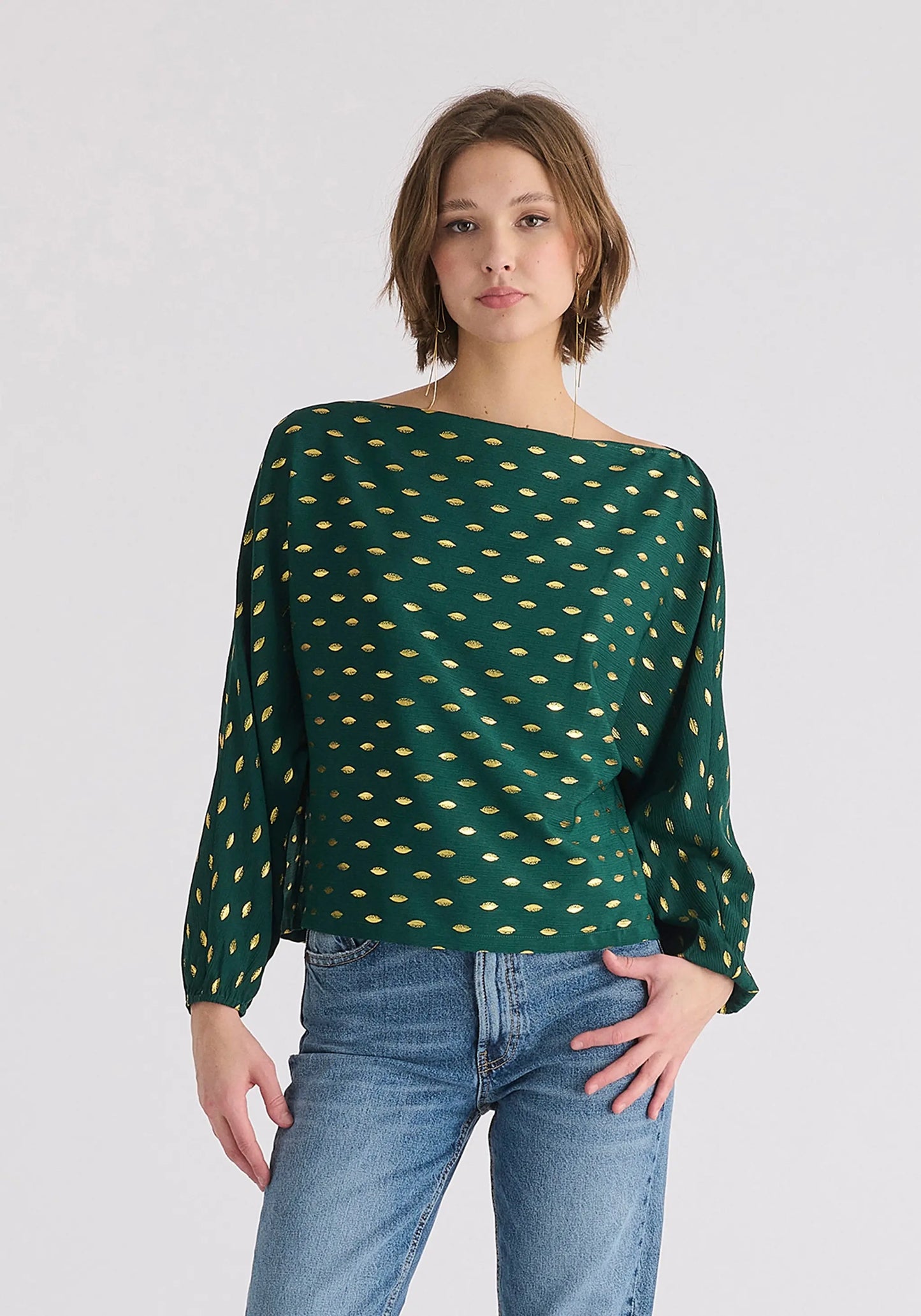 Gold Foil Print Boat Neck Top Paisie