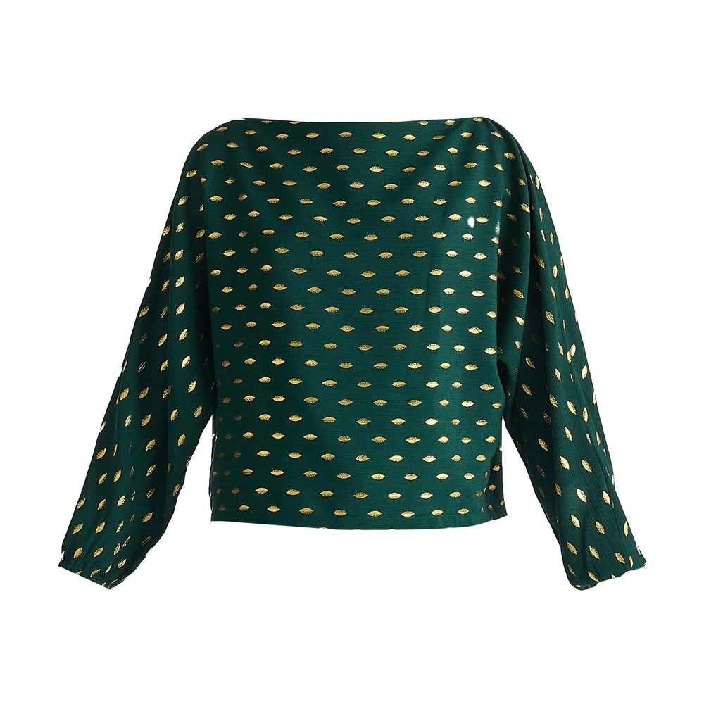 Gold Foil Print Boat Neck Top Paisie
