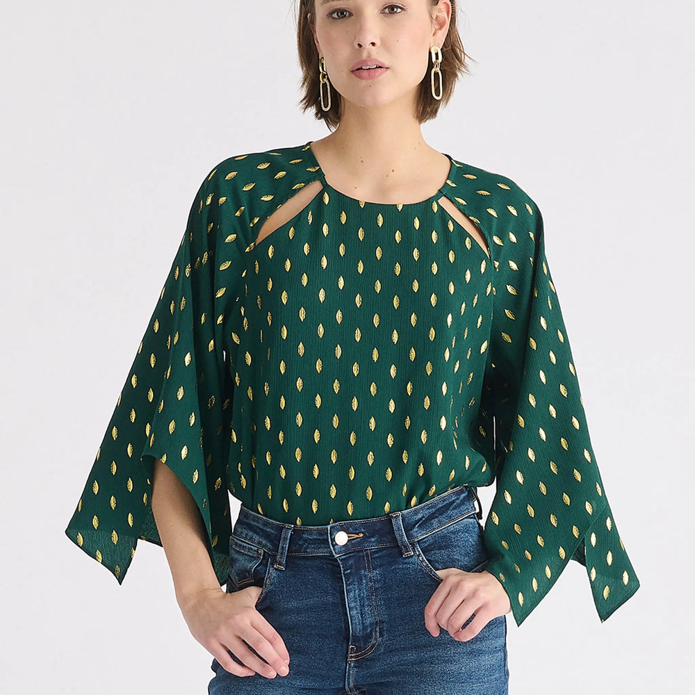 Gold Foil Print Cut-Out Draped Sleeve Top Paisie