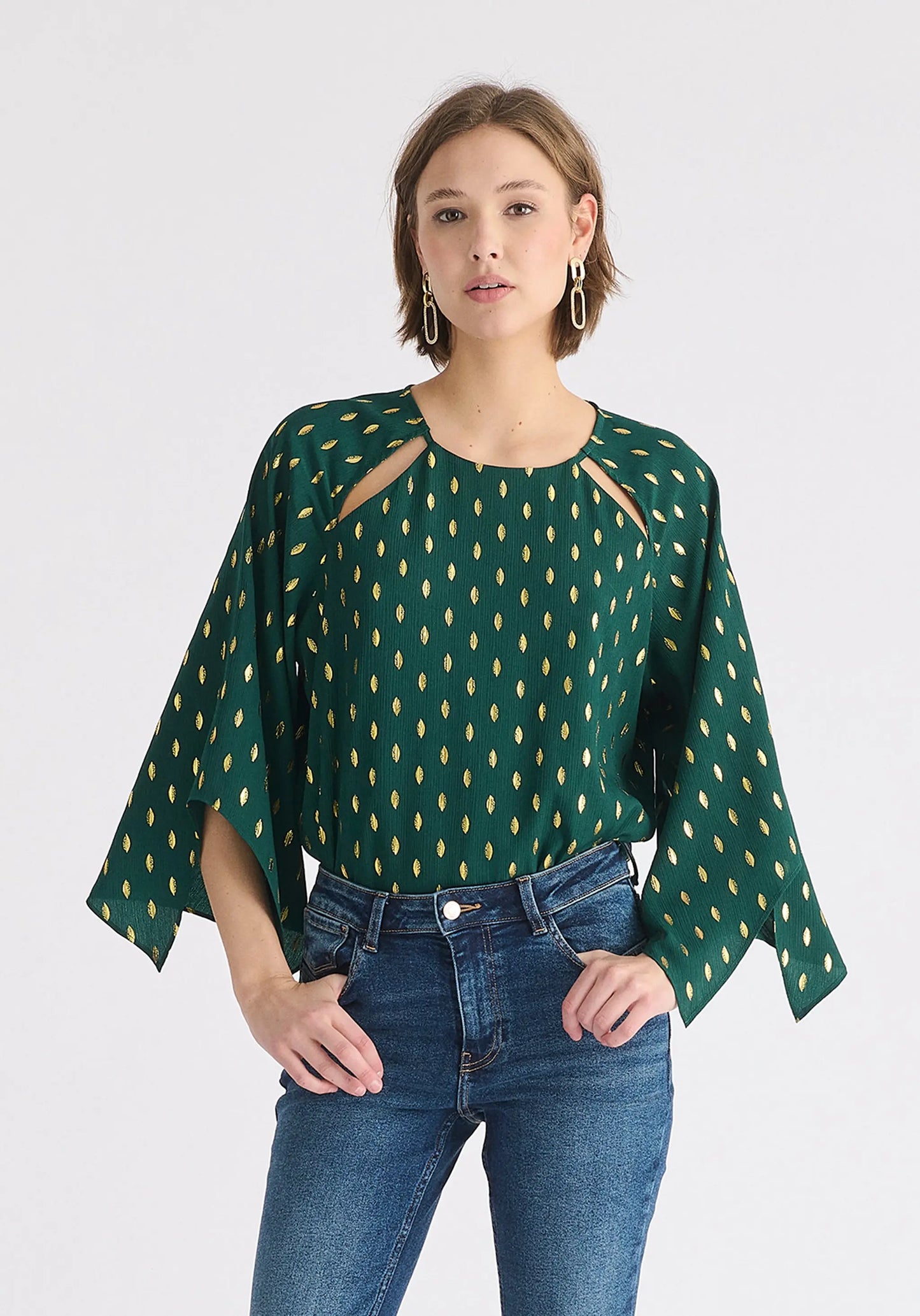 Gold Foil Print Cut-Out Draped Sleeve Top Paisie