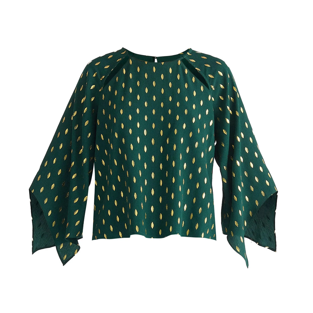Gold Foil Print Cut-Out Draped Sleeve Top Paisie
