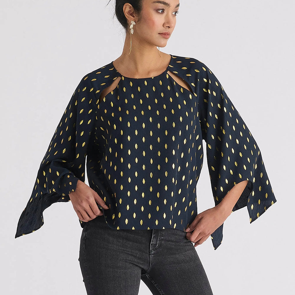 Gold Foil Print Cut-Out Draped Sleeve Top Paisie