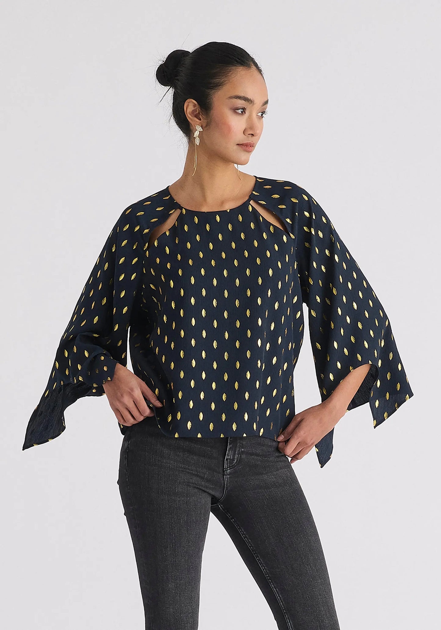 Gold Foil Print Cut-Out Draped Sleeve Top Paisie