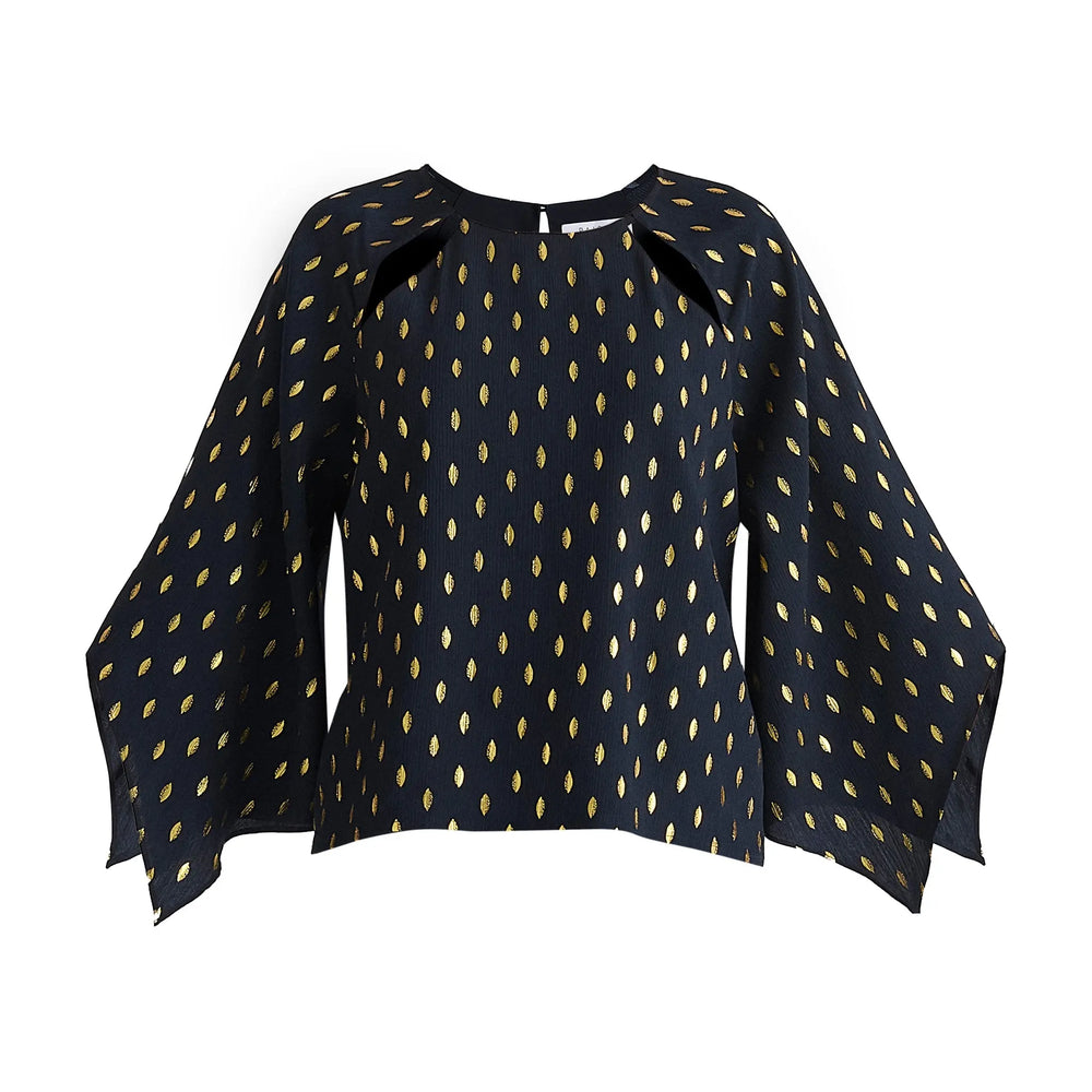 Gold Foil Print Cut-Out Draped Sleeve Top Paisie