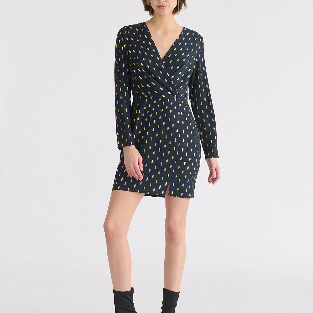 Gold Foil Print Mini Wrap Dress With Slit Paisie