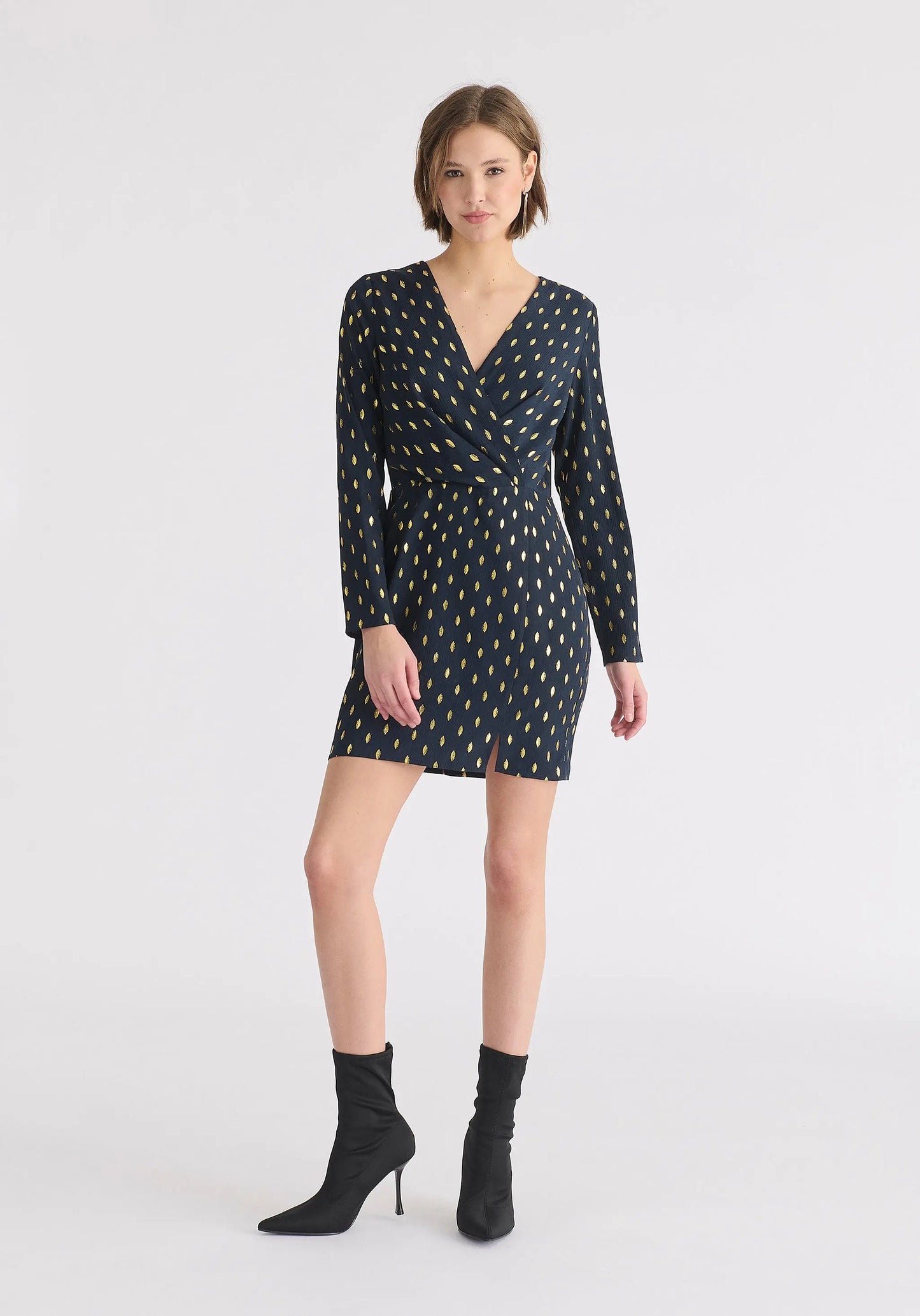 Gold Foil Print Mini Wrap Dress With Slit Paisie