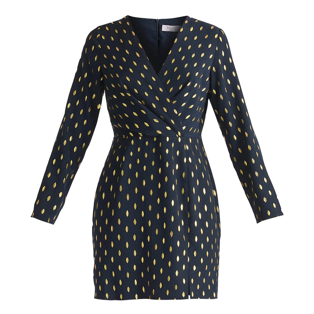 Gold Foil Print Mini Wrap Dress With Slit Paisie