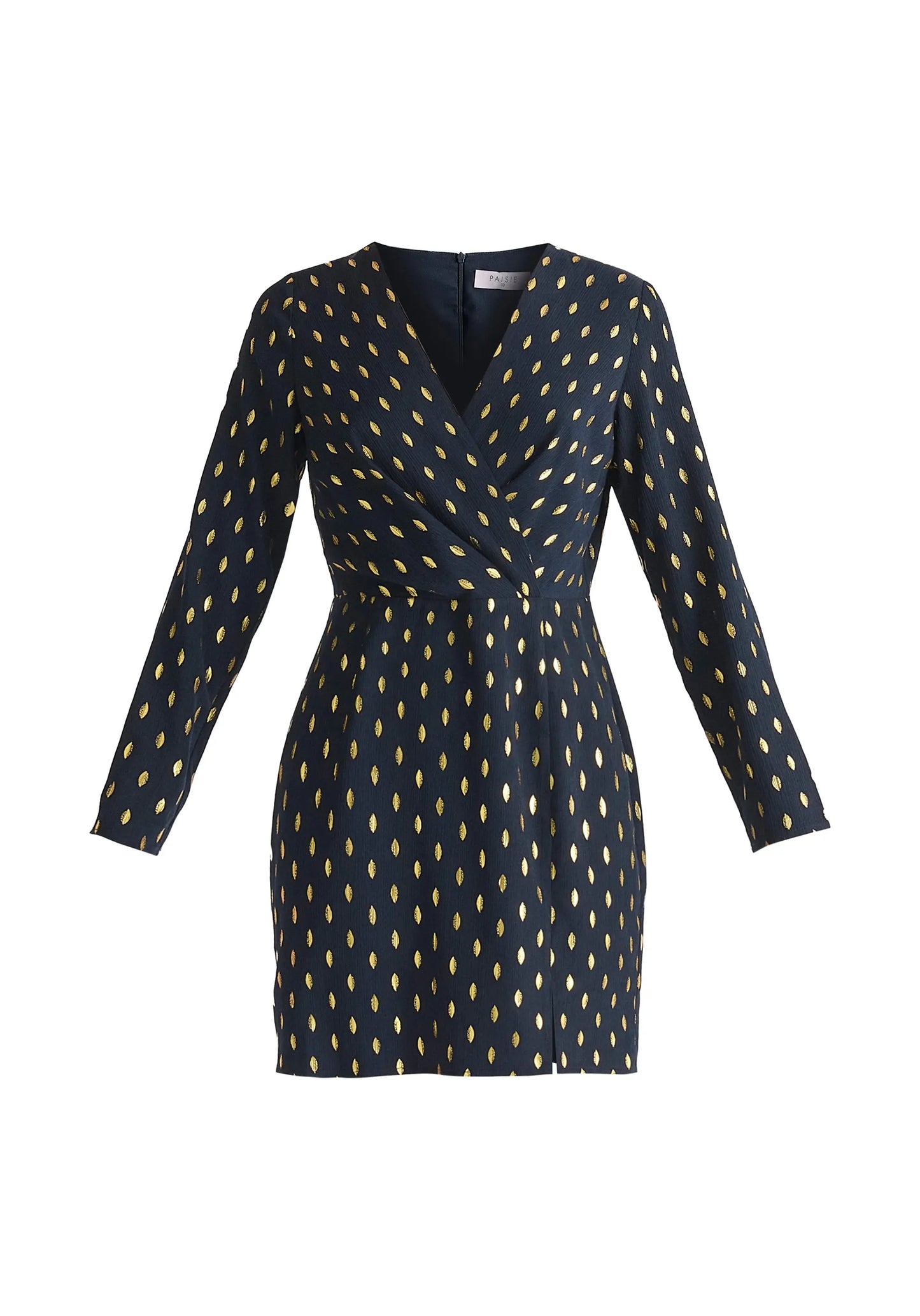 Gold Foil Print Mini Wrap Dress With Slit Paisie
