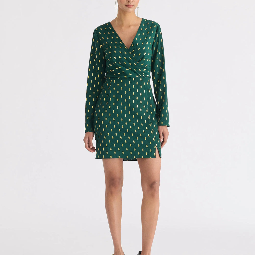 Gold Foil Print Mini Wrap Dress With Slit Paisie