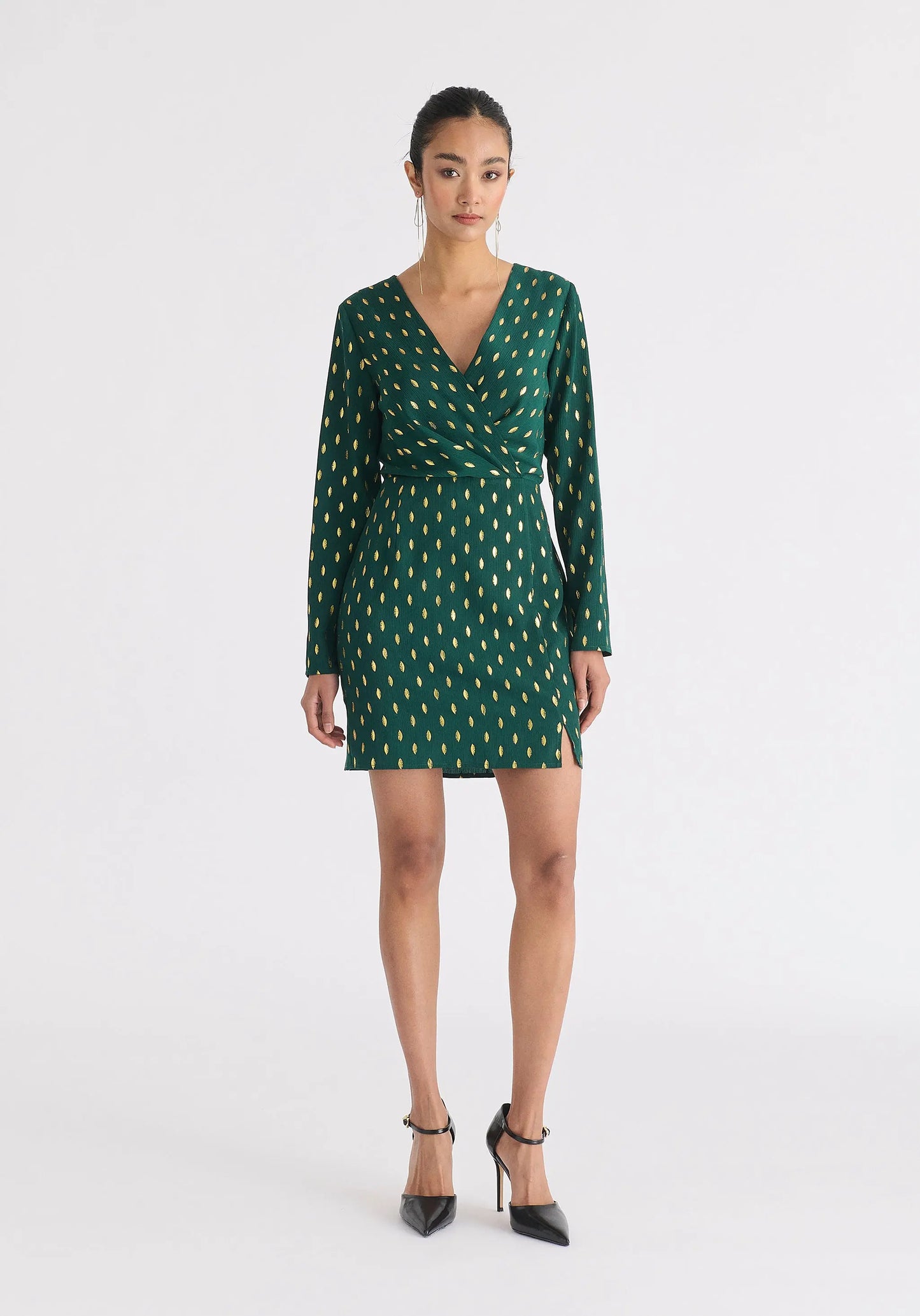 Gold Foil Print Mini Wrap Dress With Slit Paisie