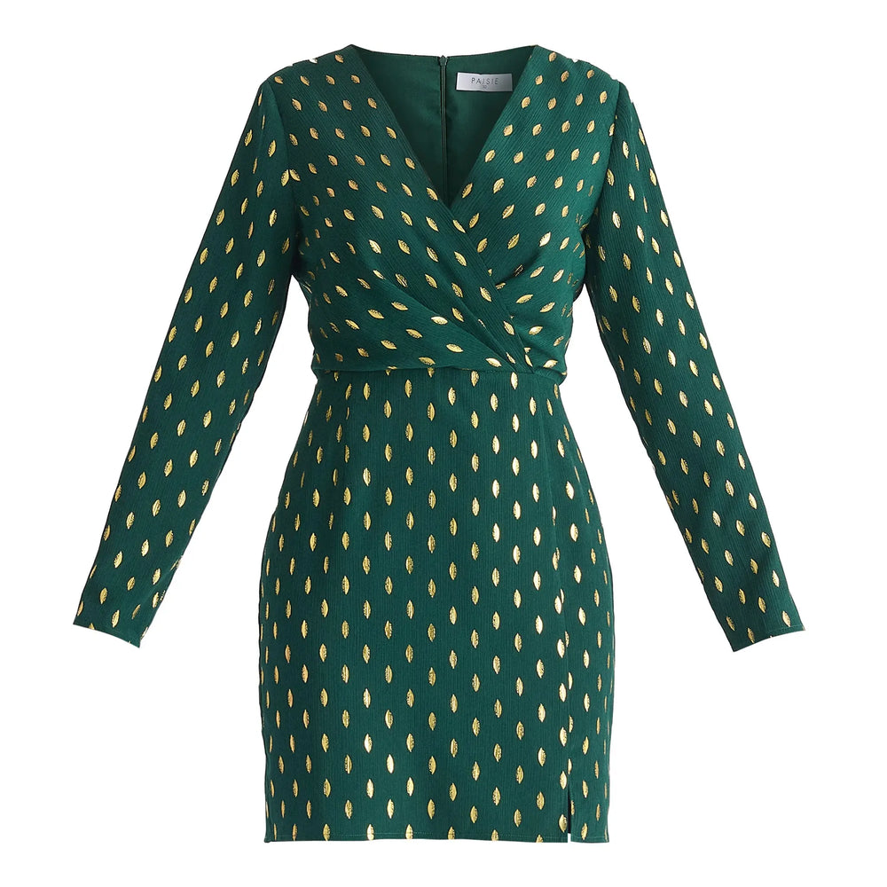 Gold Foil Print Mini Wrap Dress With Slit Paisie