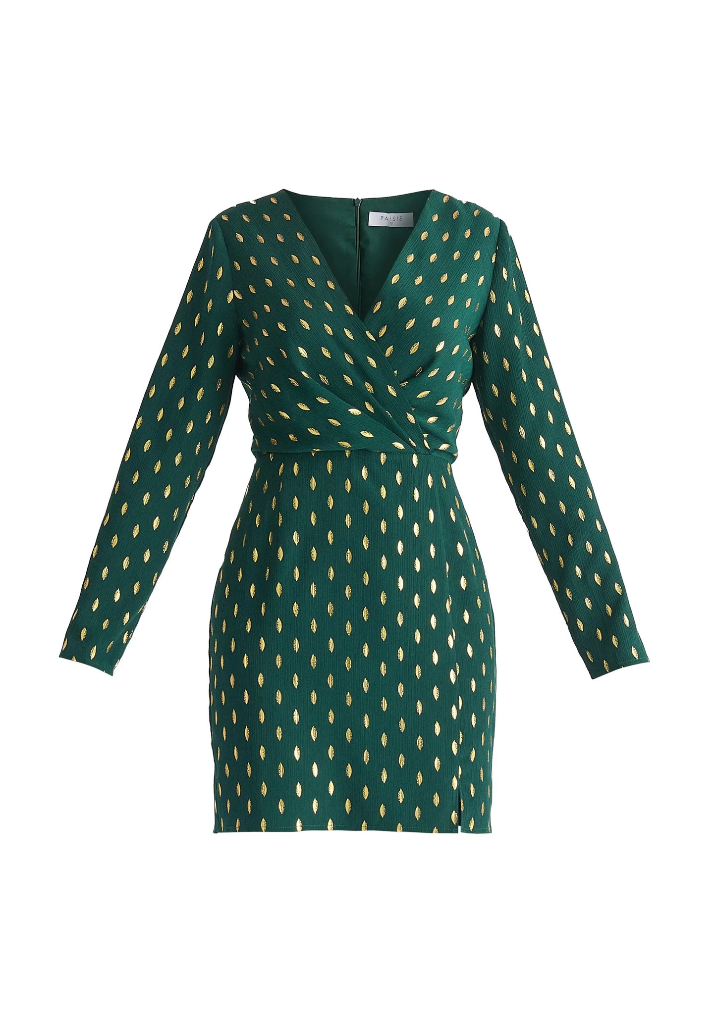 Gold Foil Print Mini Wrap Dress With Slit Paisie