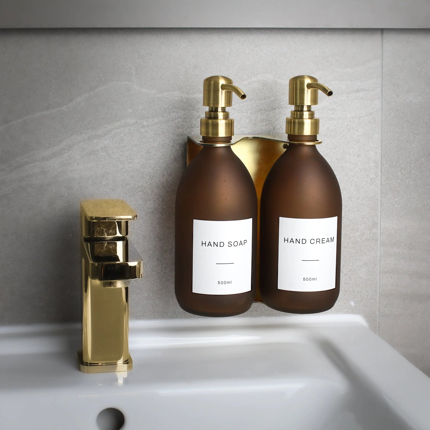 Gold Wall Bracket & Frosted Amber Glass Dispenser Set Namie Home