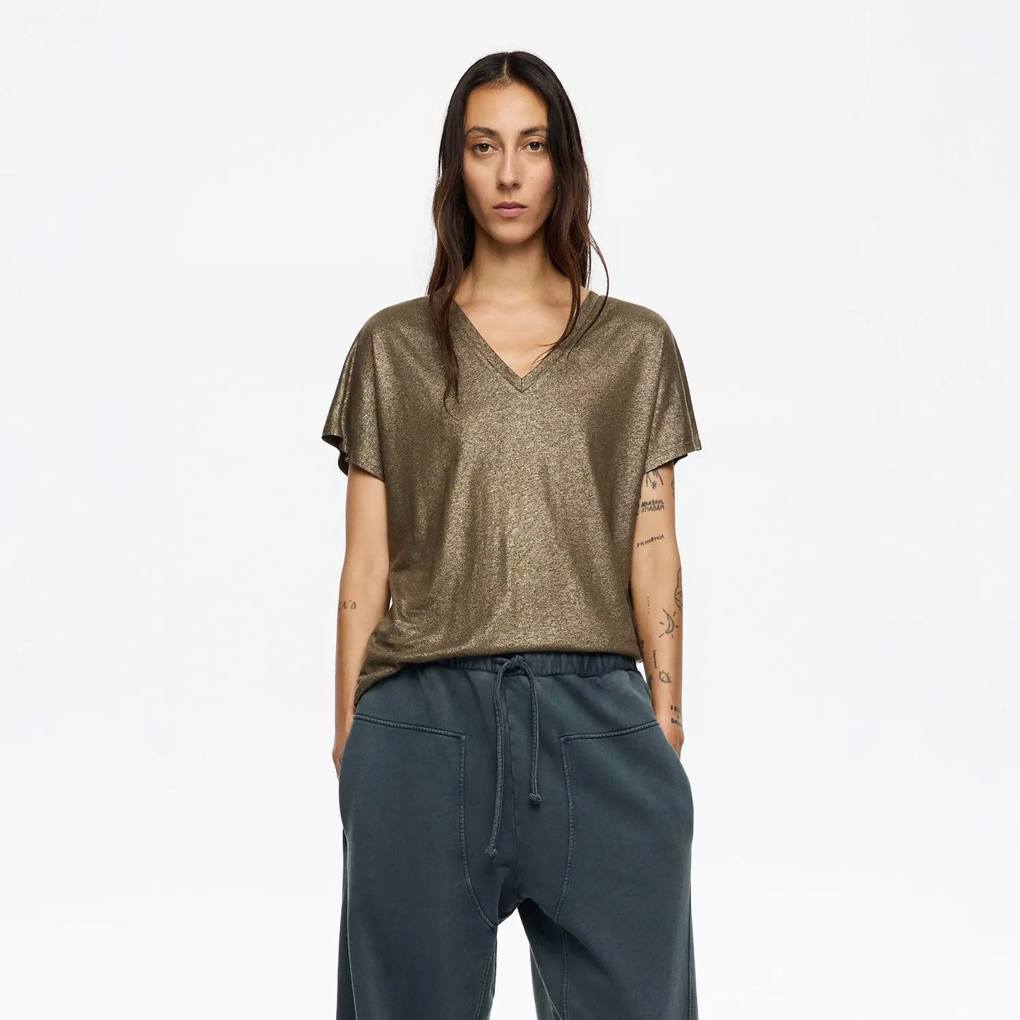 Gold lurex V-neck T-shirt Bimba y Lola UK