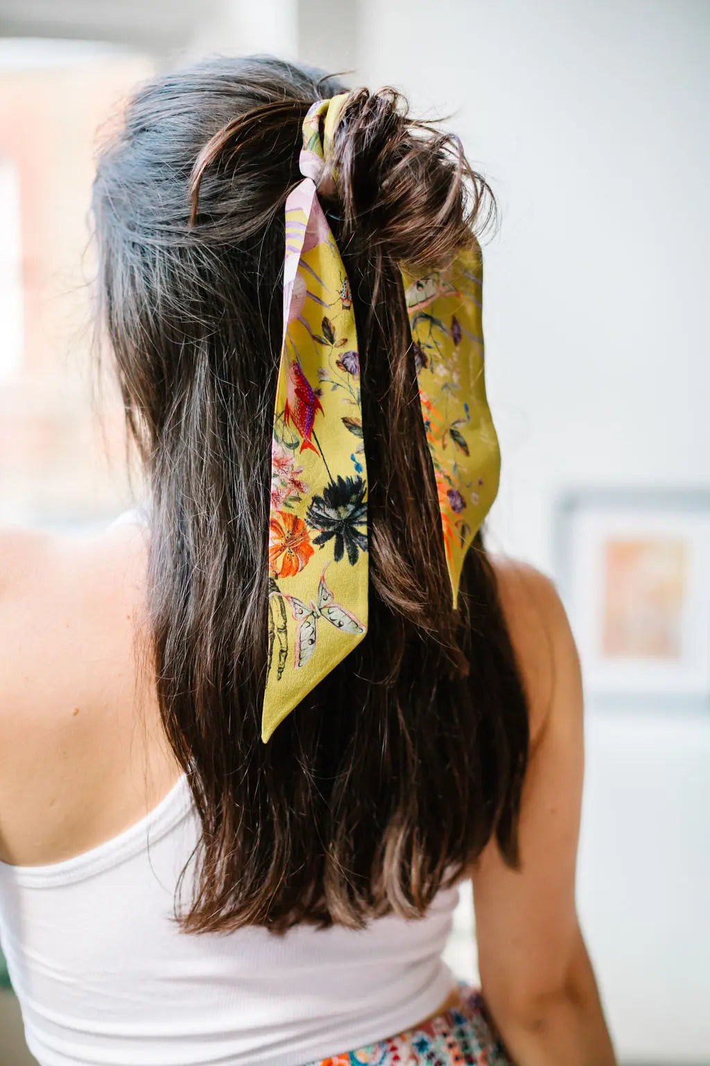 Golden Yellow 'Skinny' Silk scarf in the botanical  'Enticement' Print, delicate, lightweight scarf accessory Alice Acreman Silks