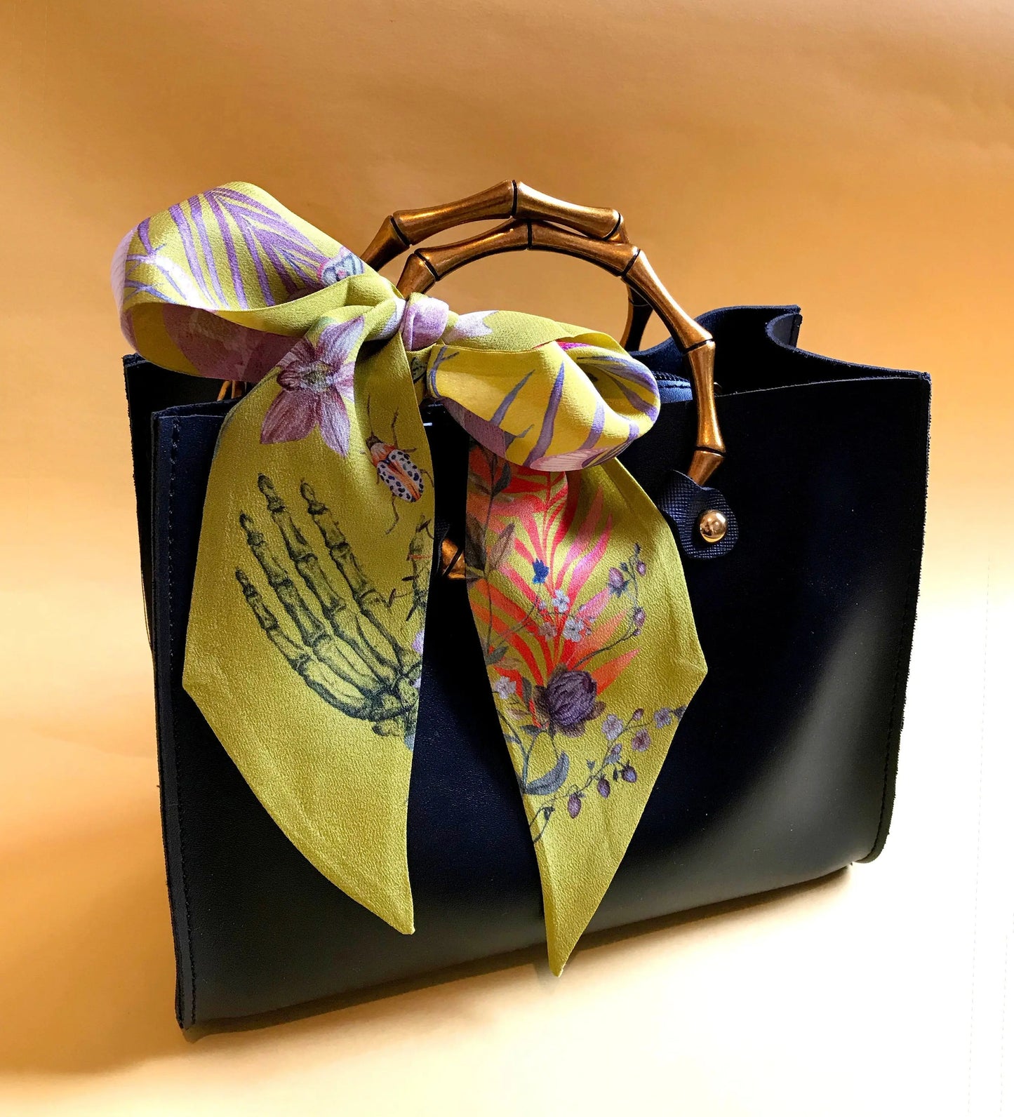 Golden Yellow 'Skinny' Silk scarf in the botanical  'Enticement' Print, delicate, lightweight scarf accessory Alice Acreman Silks
