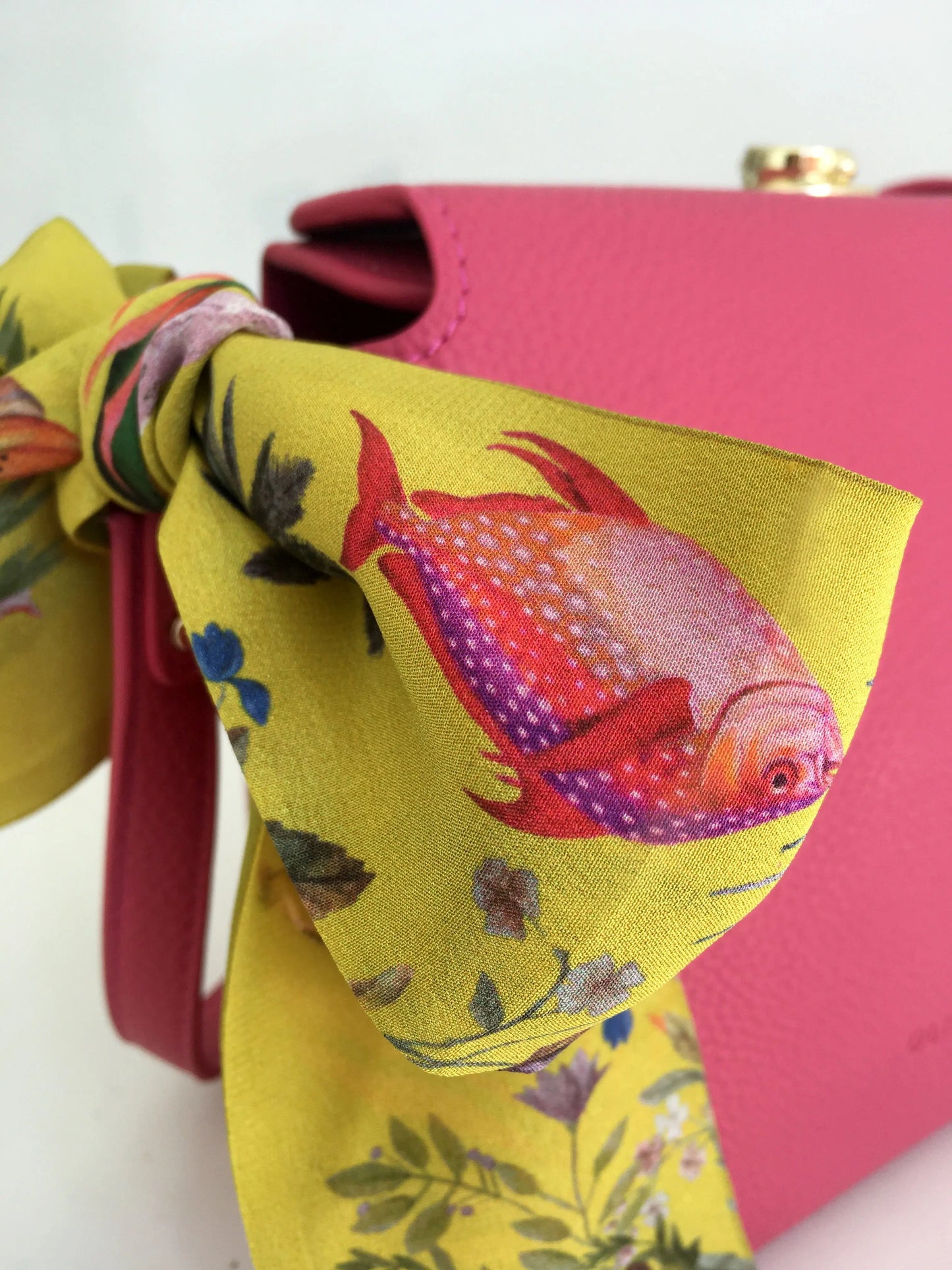 Golden Yellow 'Skinny' Silk scarf in the botanical  'Enticement' Print, delicate, lightweight scarf accessory Alice Acreman Silks