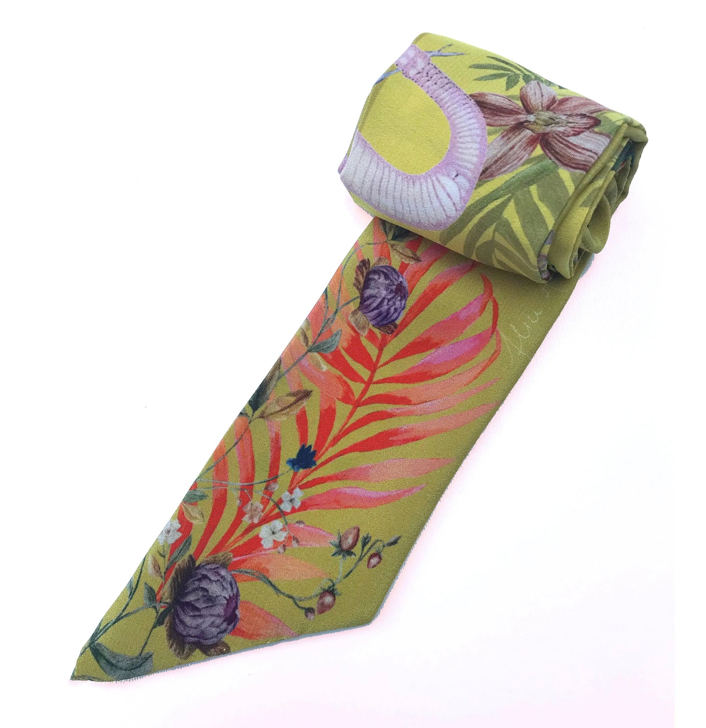Golden Yellow 'Skinny' Silk scarf in the botanical  'Enticement' Print, delicate, lightweight scarf accessory Alice Acreman Silks