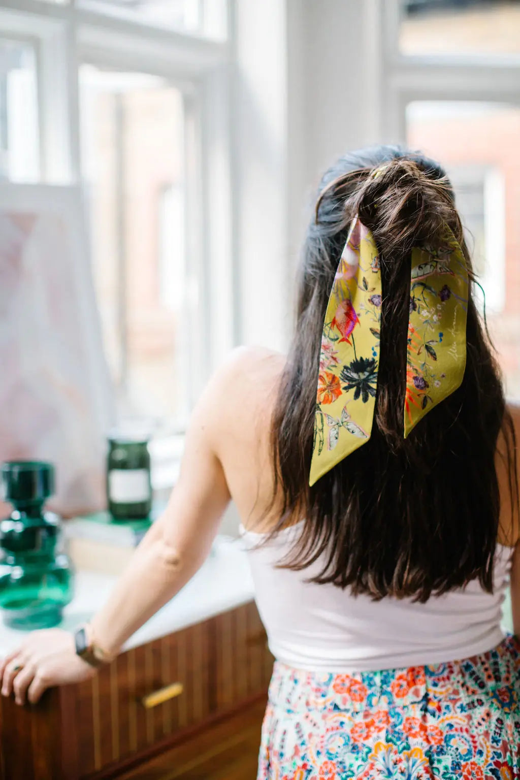 Golden Yellow 'Skinny' Silk scarf in the botanical  'Enticement' Print, delicate, lightweight scarf accessory Alice Acreman Silks