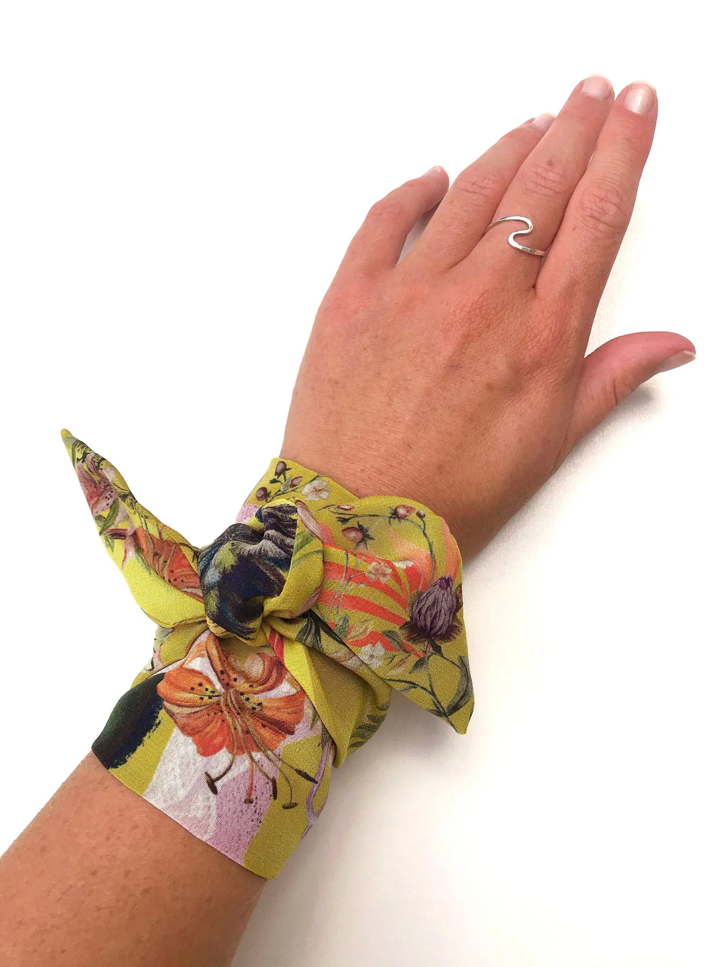 Golden Yellow 'Skinny' Silk scarf in the botanical  'Enticement' Print, delicate, lightweight scarf accessory Alice Acreman Silks