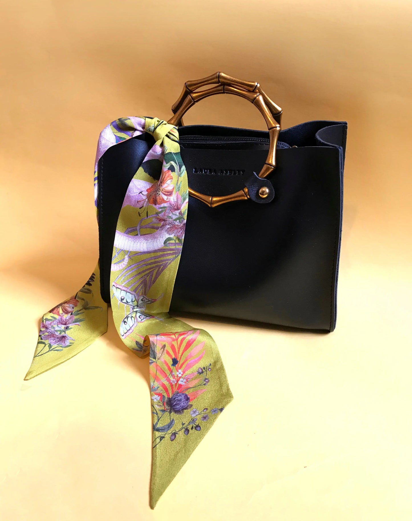 Golden Yellow 'Skinny' Silk scarf in the botanical  'Enticement' Print, delicate, lightweight scarf accessory Alice Acreman Silks