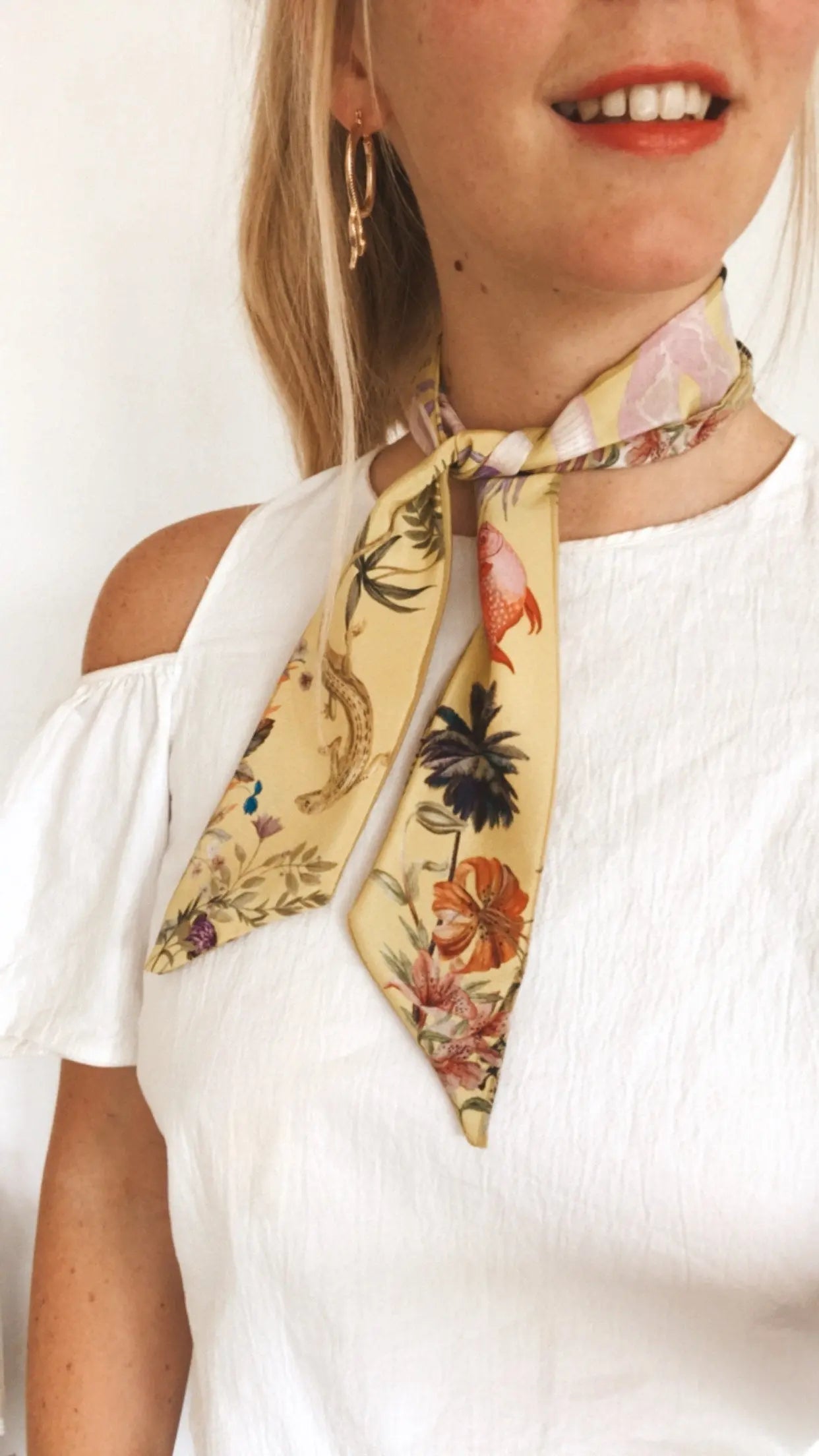 Golden Yellow 'Skinny' Silk scarf in the botanical  'Enticement' Print, delicate, lightweight scarf accessory Alice Acreman Silks