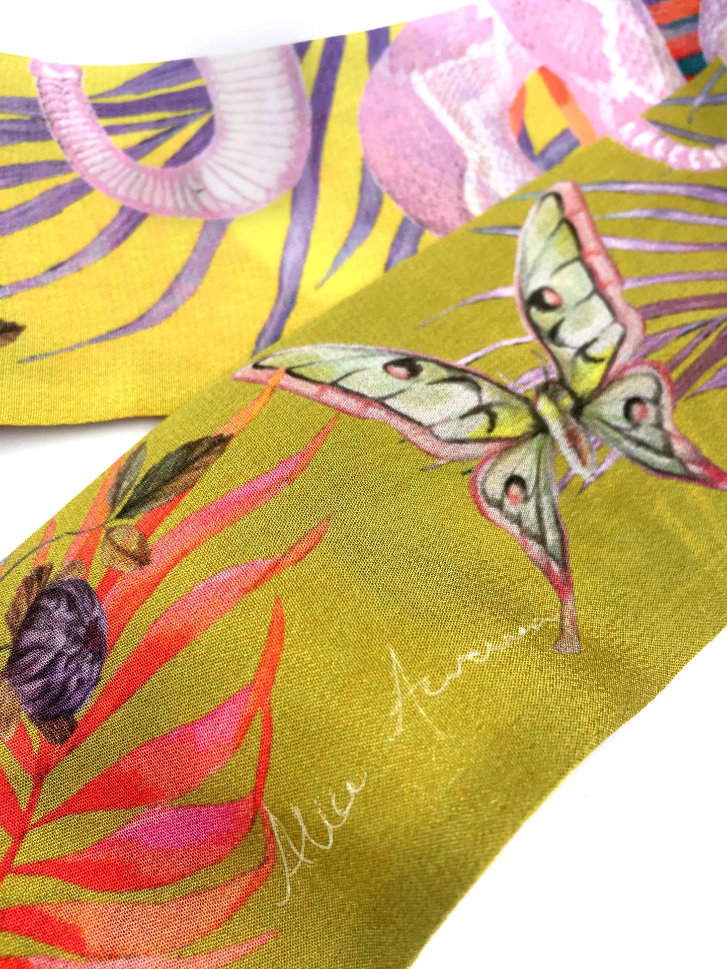 Golden Yellow 'Skinny' Silk scarf in the botanical  'Enticement' Print, delicate, lightweight scarf accessory Alice Acreman Silks