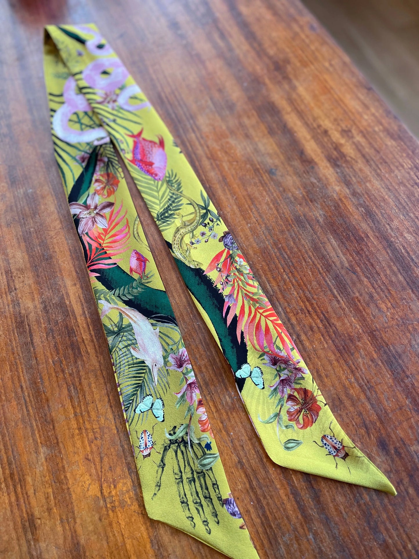 Golden Yellow 'Skinny' Silk scarf in the botanical  'Enticement' Print, delicate, lightweight scarf accessory Alice Acreman Silks