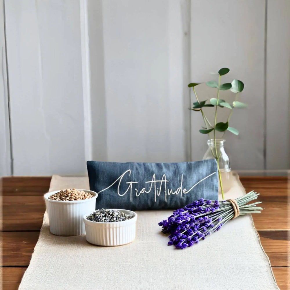 Gratitude Embroidered Linen and Lavender Eye Pillow The Norfolk Eye Pillow Company