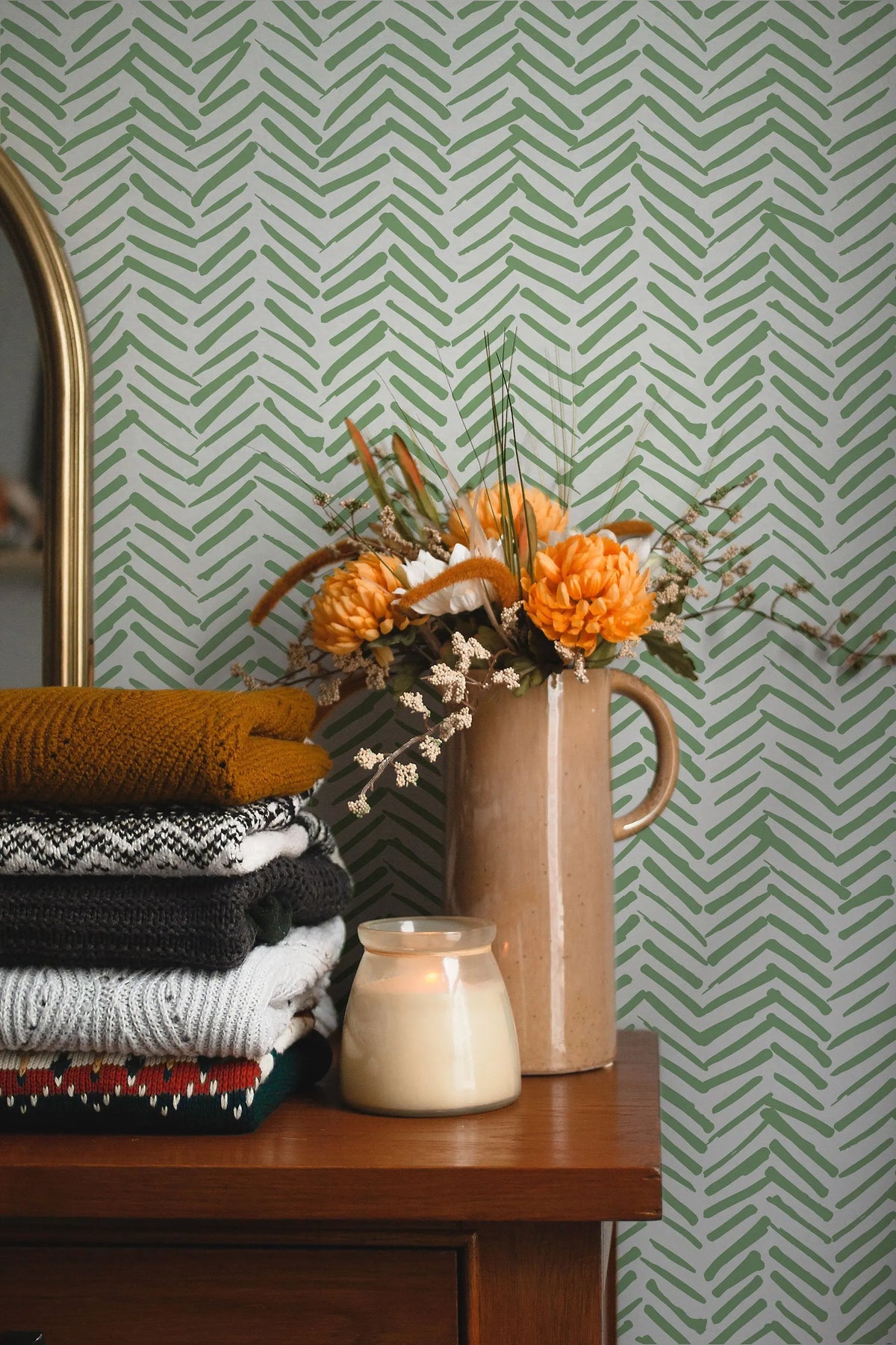Green Chevron Wallpaper Peel and Stick | Self Adhesive Herringbone Wall Paper | Geometric Removable Wall Decor | Minimalistic Boho Tribal ClickWalls