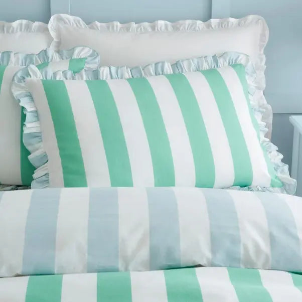 Green Emmy Frilled Stripe 100% Cotton Duvet Cover and Pillowcase Set Dunelm