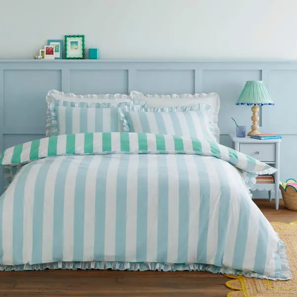 Green Emmy Frilled Stripe 100% Cotton Duvet Cover and Pillowcase Set Dunelm