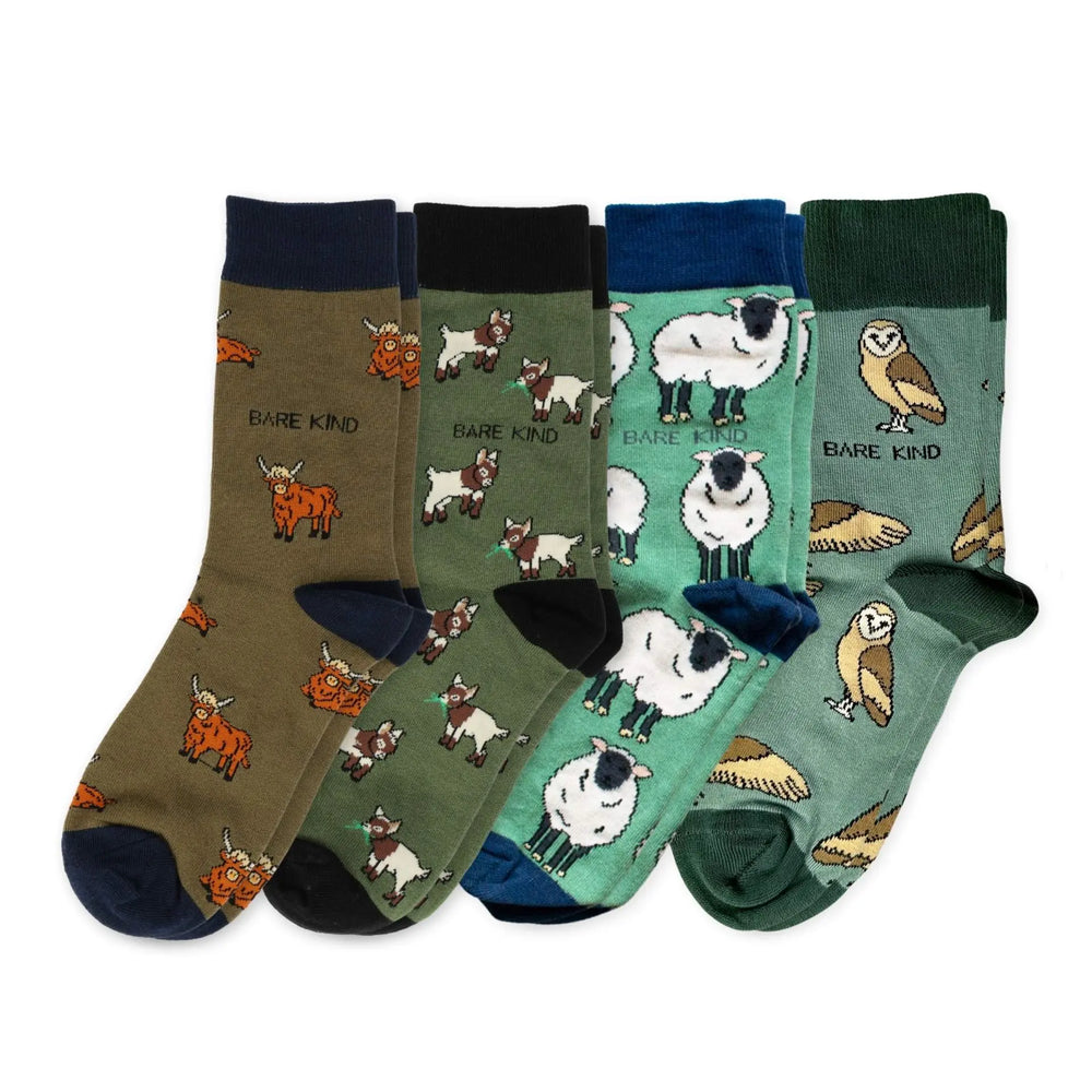 Green Farm Animals Bundle of 4 Bamboo Sock Set Bare Kind