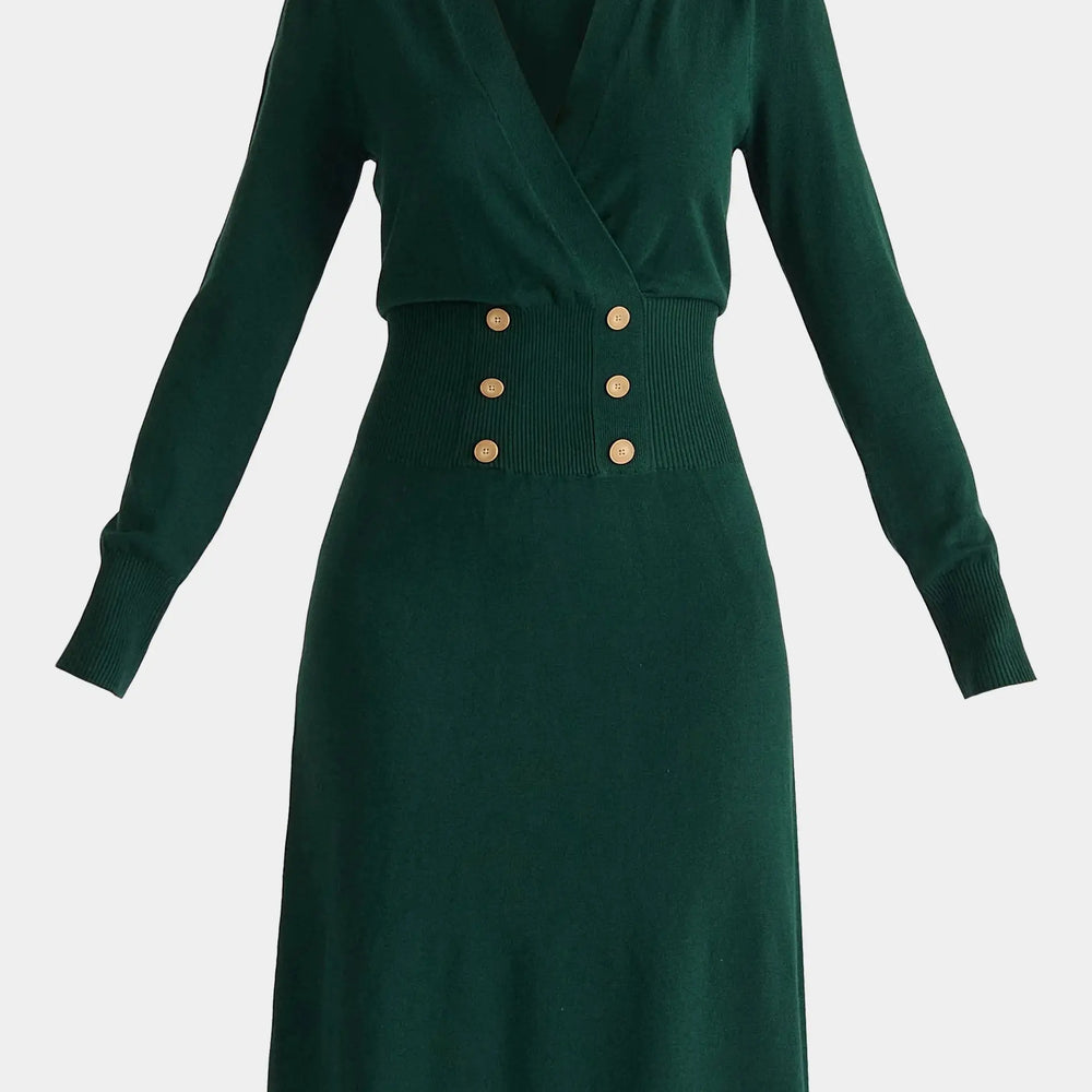 Green Long Sleeve Knitted Button Wrap Dress Paisie