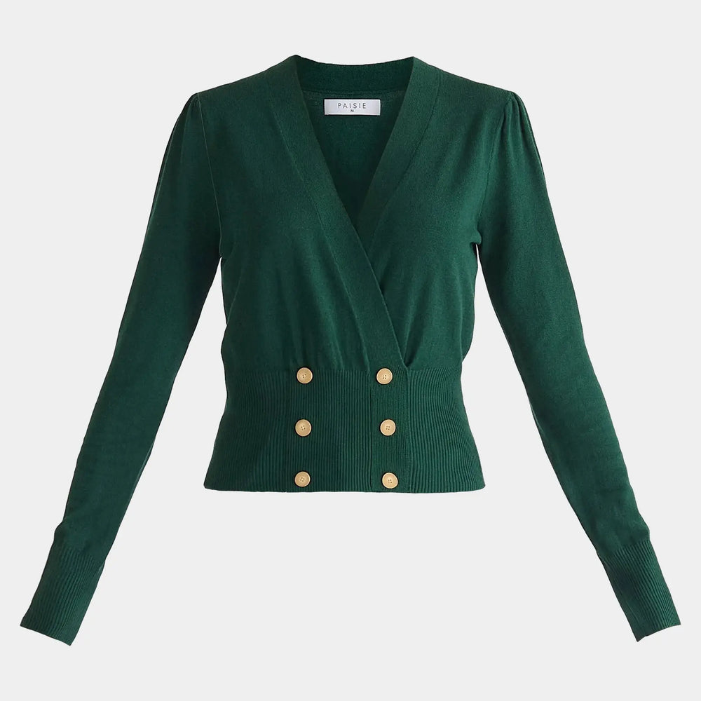 Green Long Sleeve Knitted Button Wrap Top Paisie
