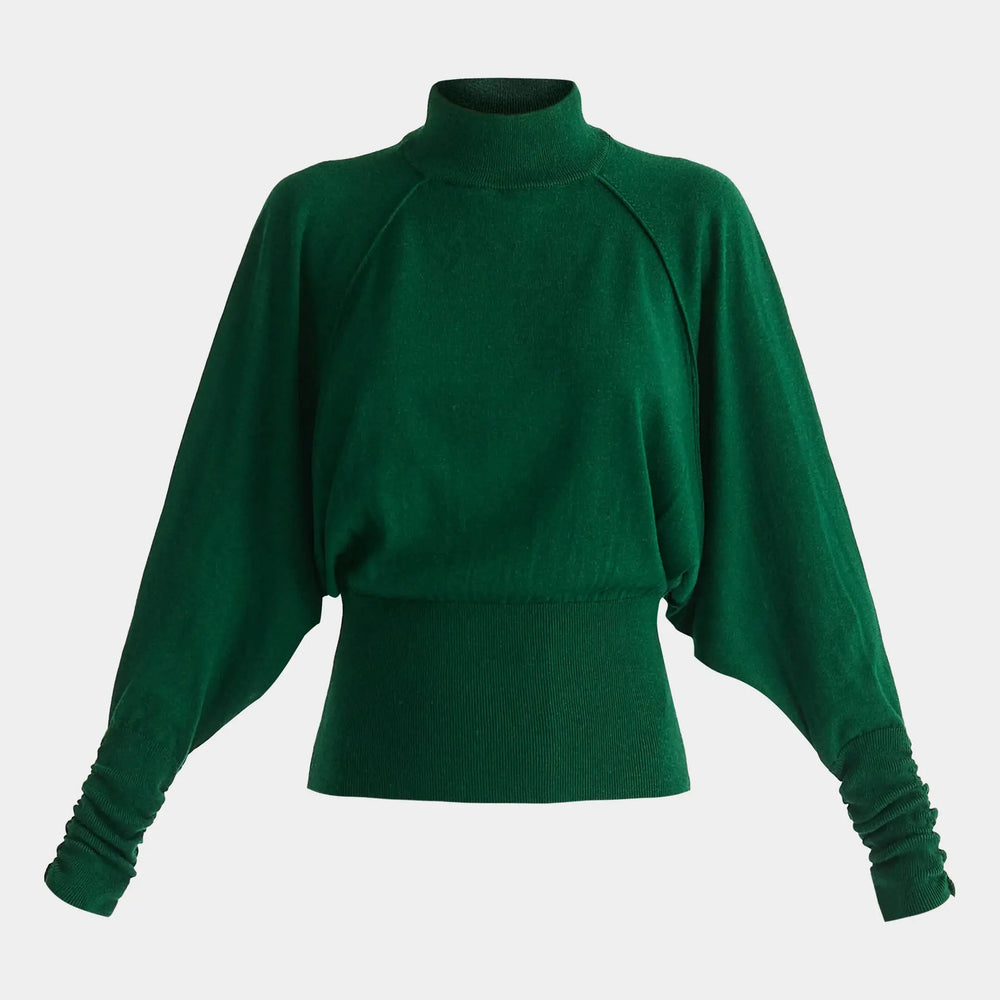 Green Mock Neck Batwing Jumper With Ruched Cuffs Paisie