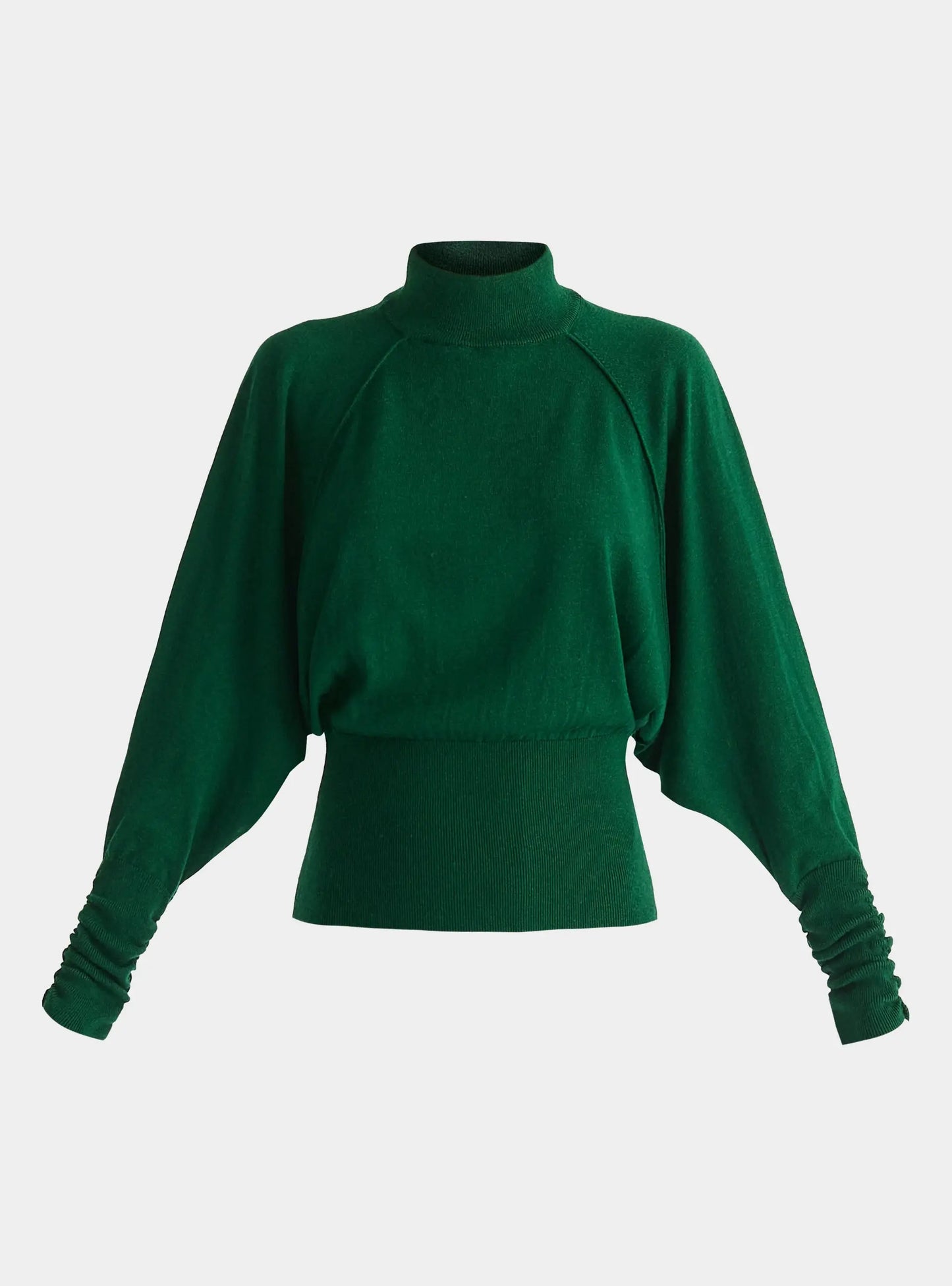 Green Mock Neck Batwing Jumper With Ruched Cuffs Paisie