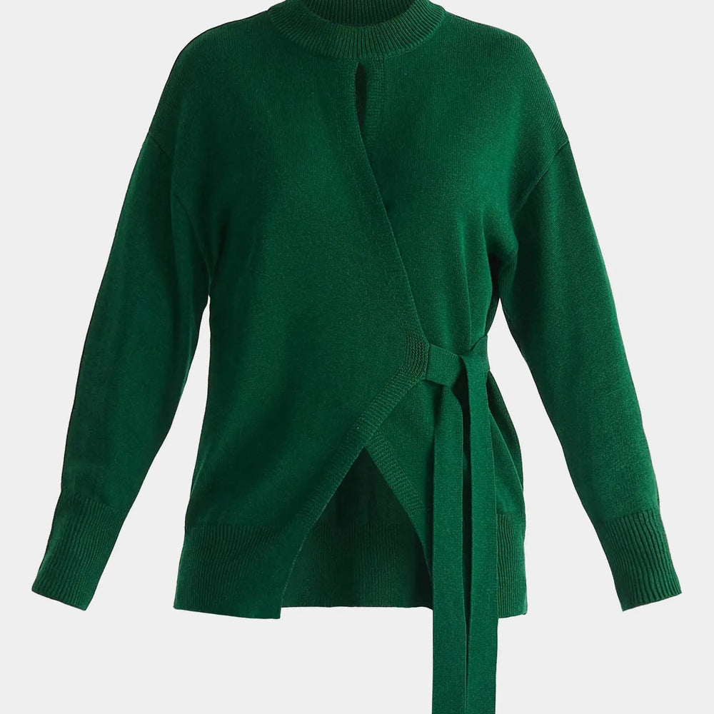 Green Open Front Mock Neck Wrap Jumper Paisie