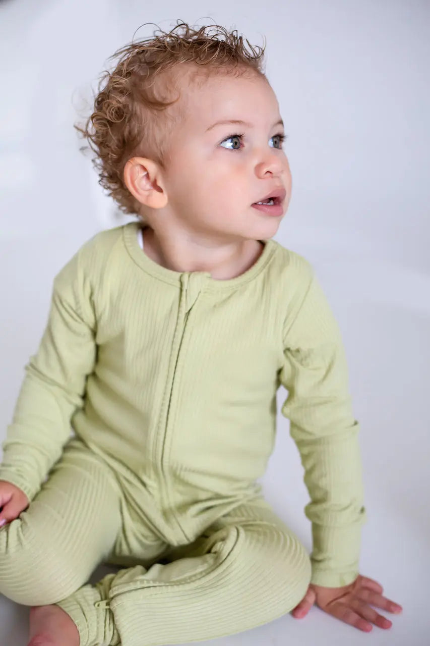 Green Ribbed Bamboo Zip Sleepsuit One Piece Cozy Crew Club