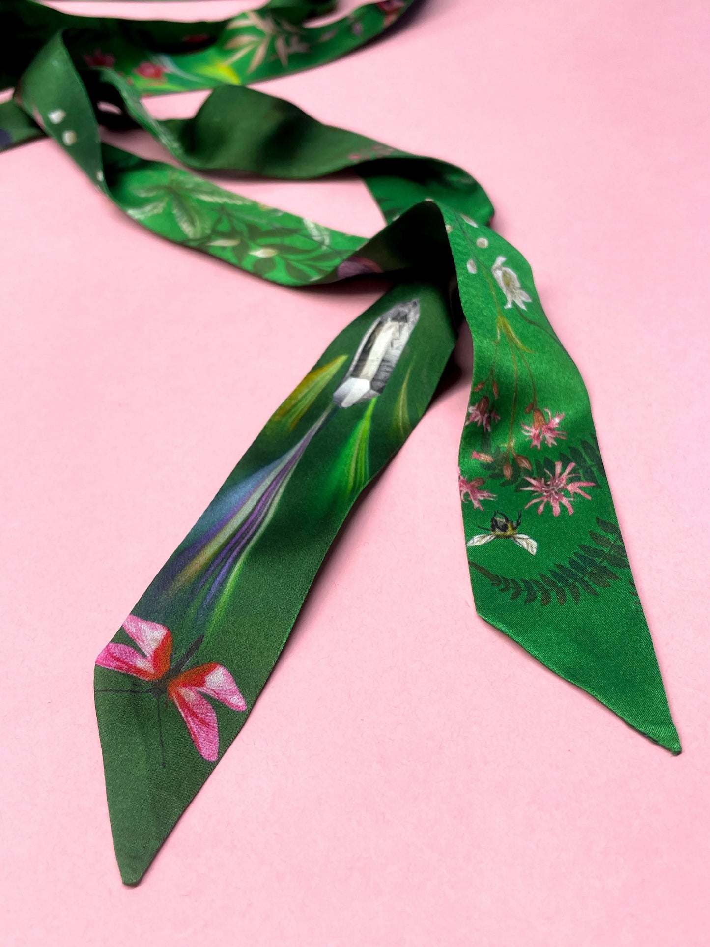 Green Silk satin 'Greenery' floral slinky silk scarf with insects and gem stones Alice Acreman Silks